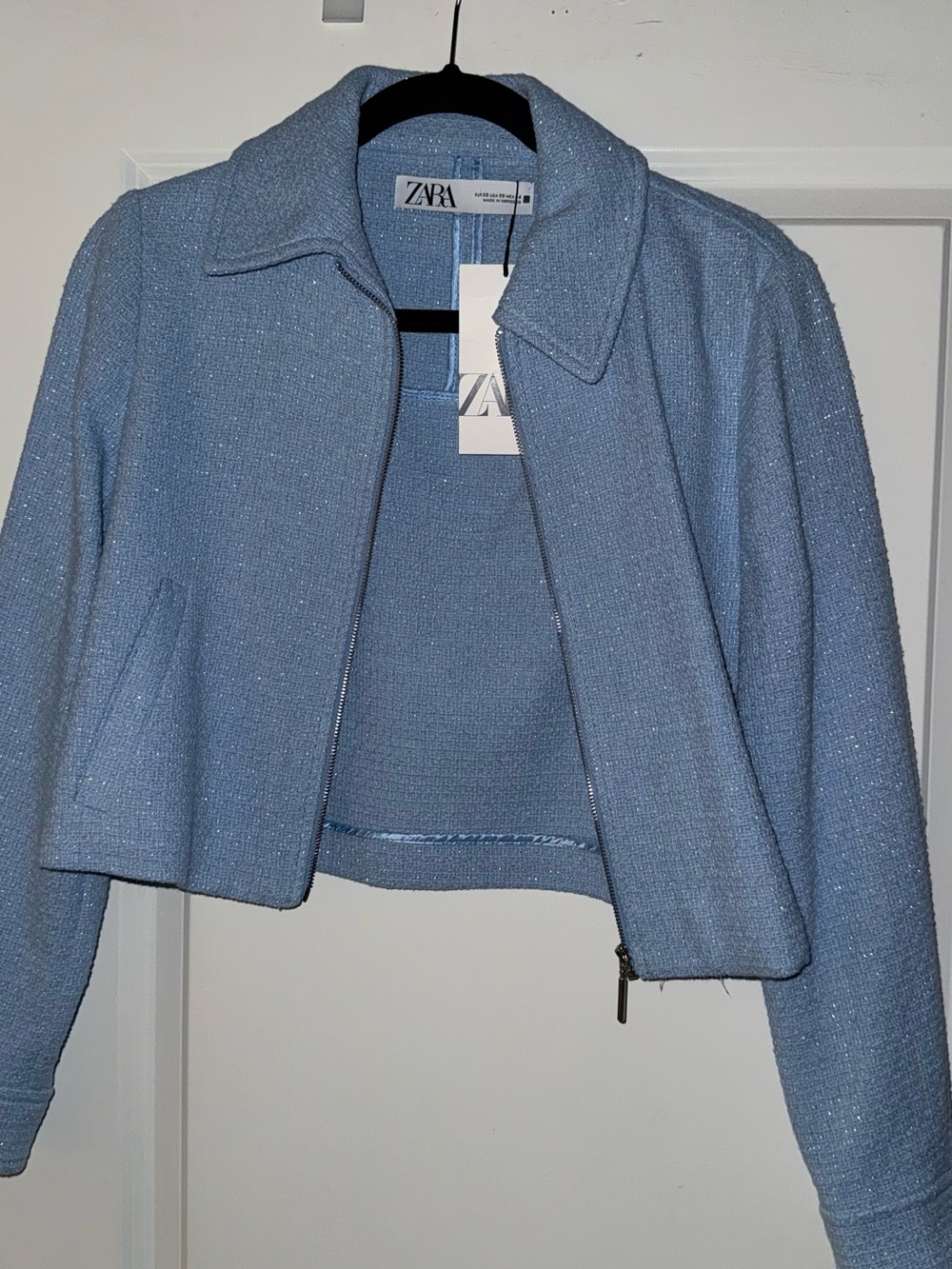 ZARA Powder Blue Cropped Blazer with Subtle Sparkle